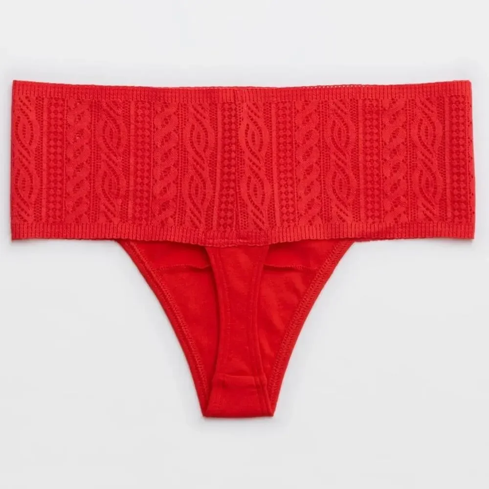 2 Aerie Thong Panties Small Womens Red Cotton Cable Lace Undie Underwear Cheeky